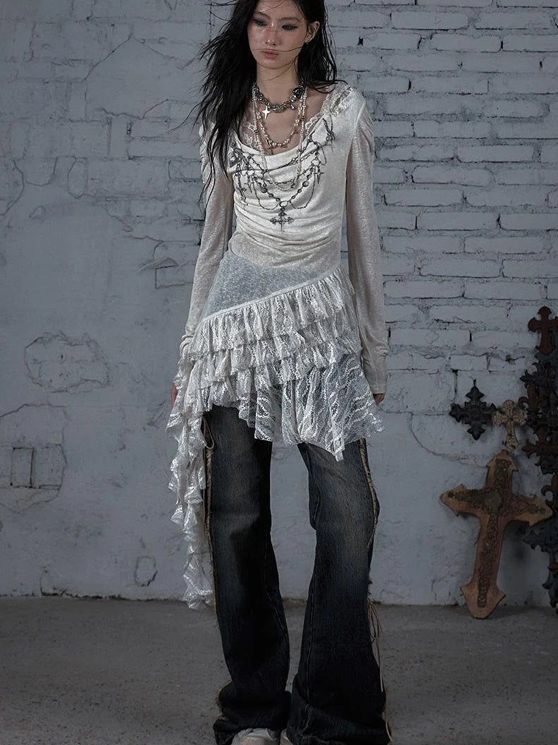 Sheer Lace Punk Print Hooded Knit Dress
