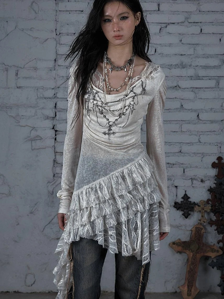 Sheer Lace Punk Print Hooded Knit Dress