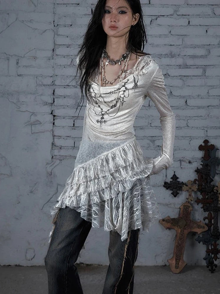 Sheer Lace Punk Print Hooded Knit Dress