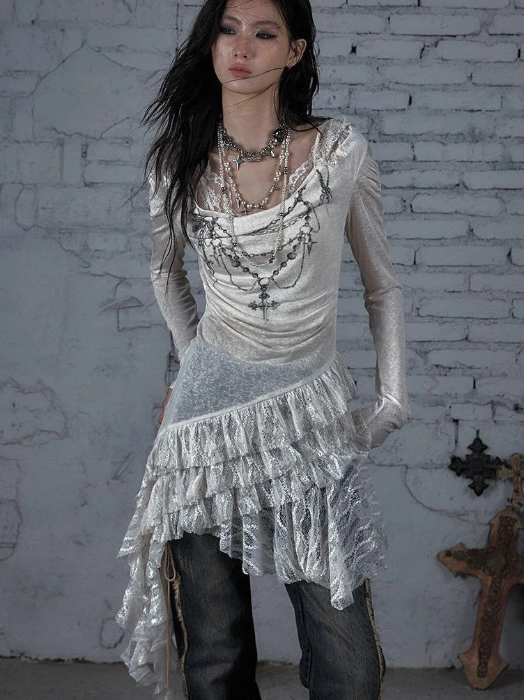 Sheer Lace Punk Print Hooded Knit Dress