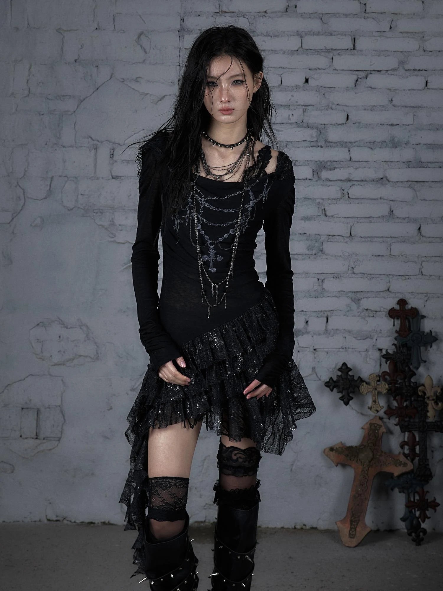 Sheer Lace Punk Print Hooded Knit Dress