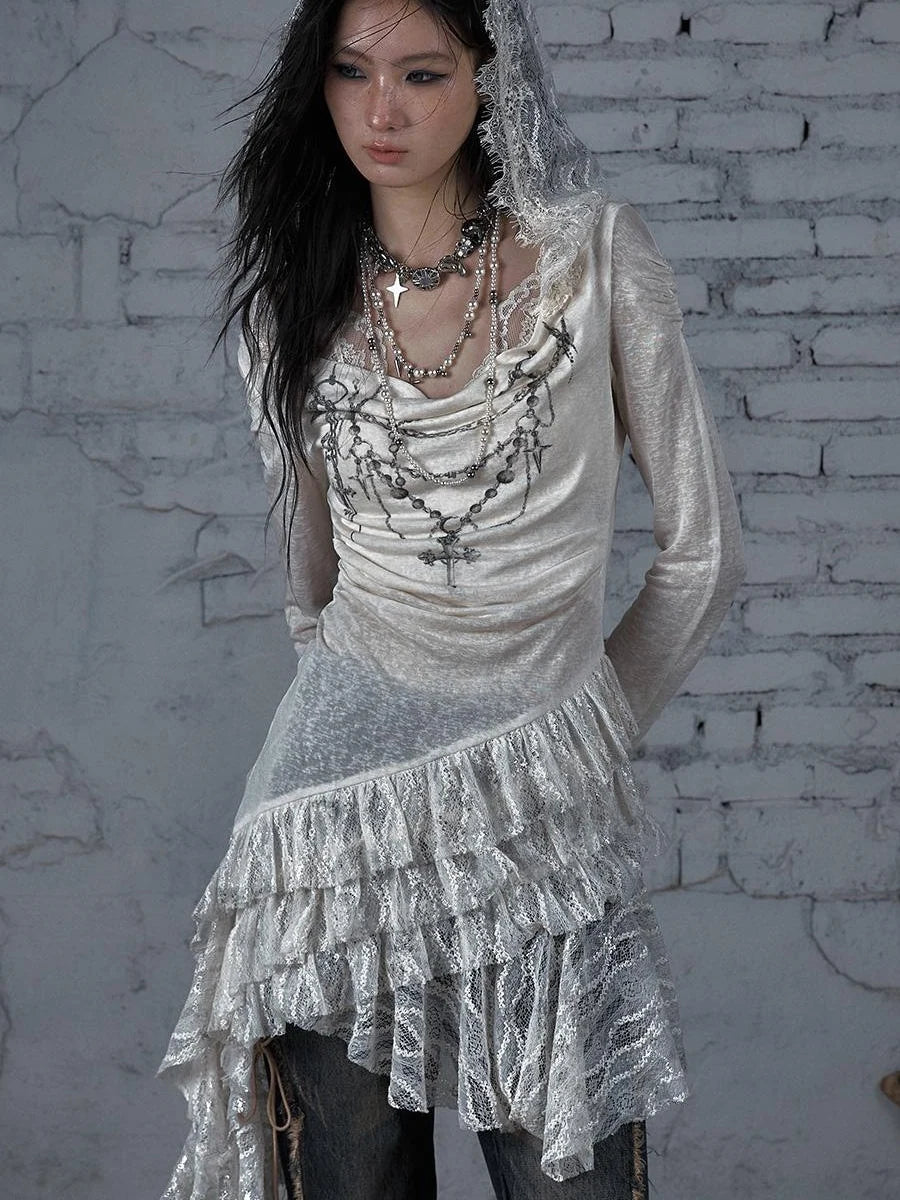 Sheer Lace Punk Print Hooded Knit Dress