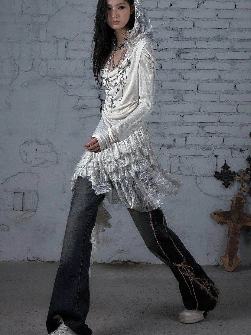Sheer Lace Punk Print Hooded Knit Dress