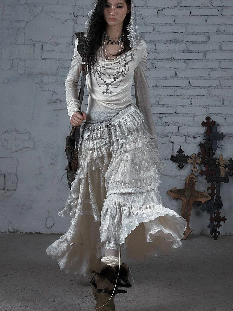 Sheer Lace Punk Print Hooded Knit Dress