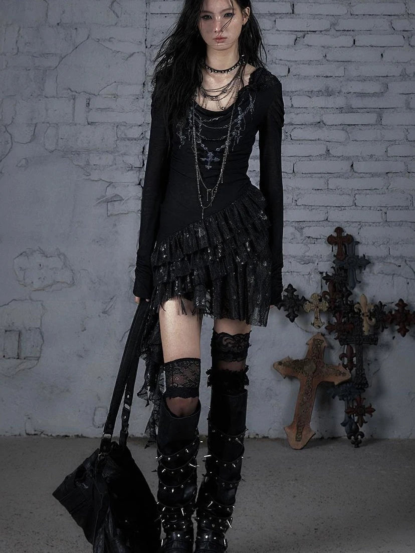 Sheer Lace Punk Print Hooded Knit Dress
