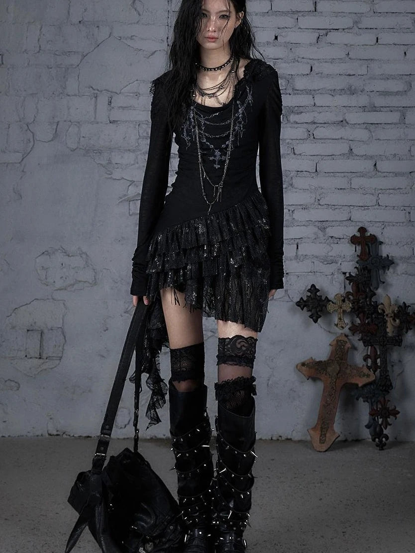 Sheer Lace Punk Print Hooded Knit Dress