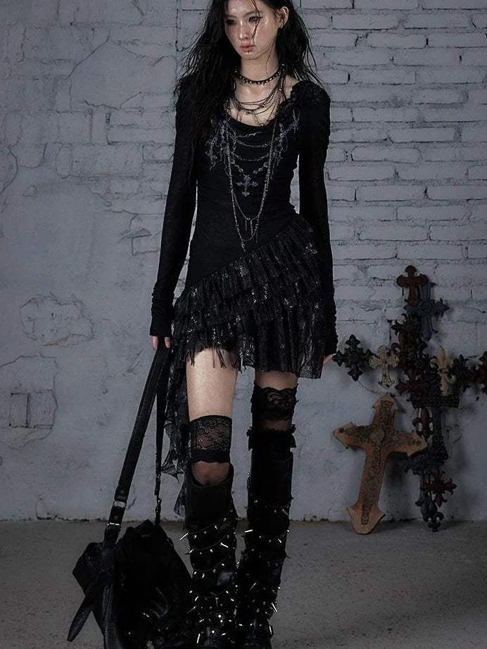 Sheer Lace Punk Print Hooded Knit Dress