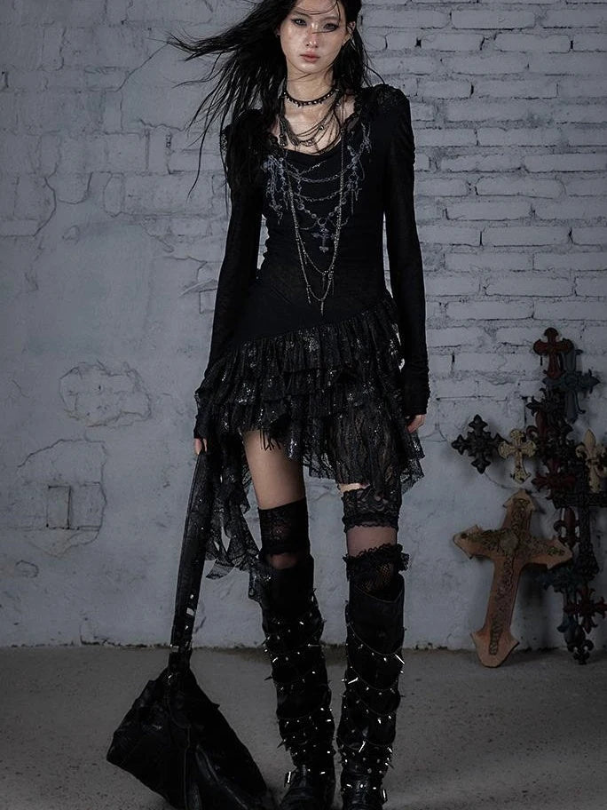Sheer Lace Punk Print Hooded Knit Dress