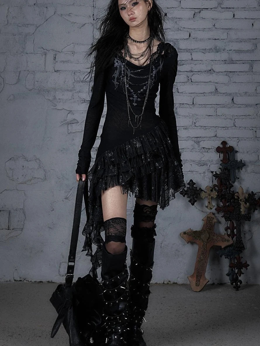 Sheer Lace Punk Print Hooded Knit Dress