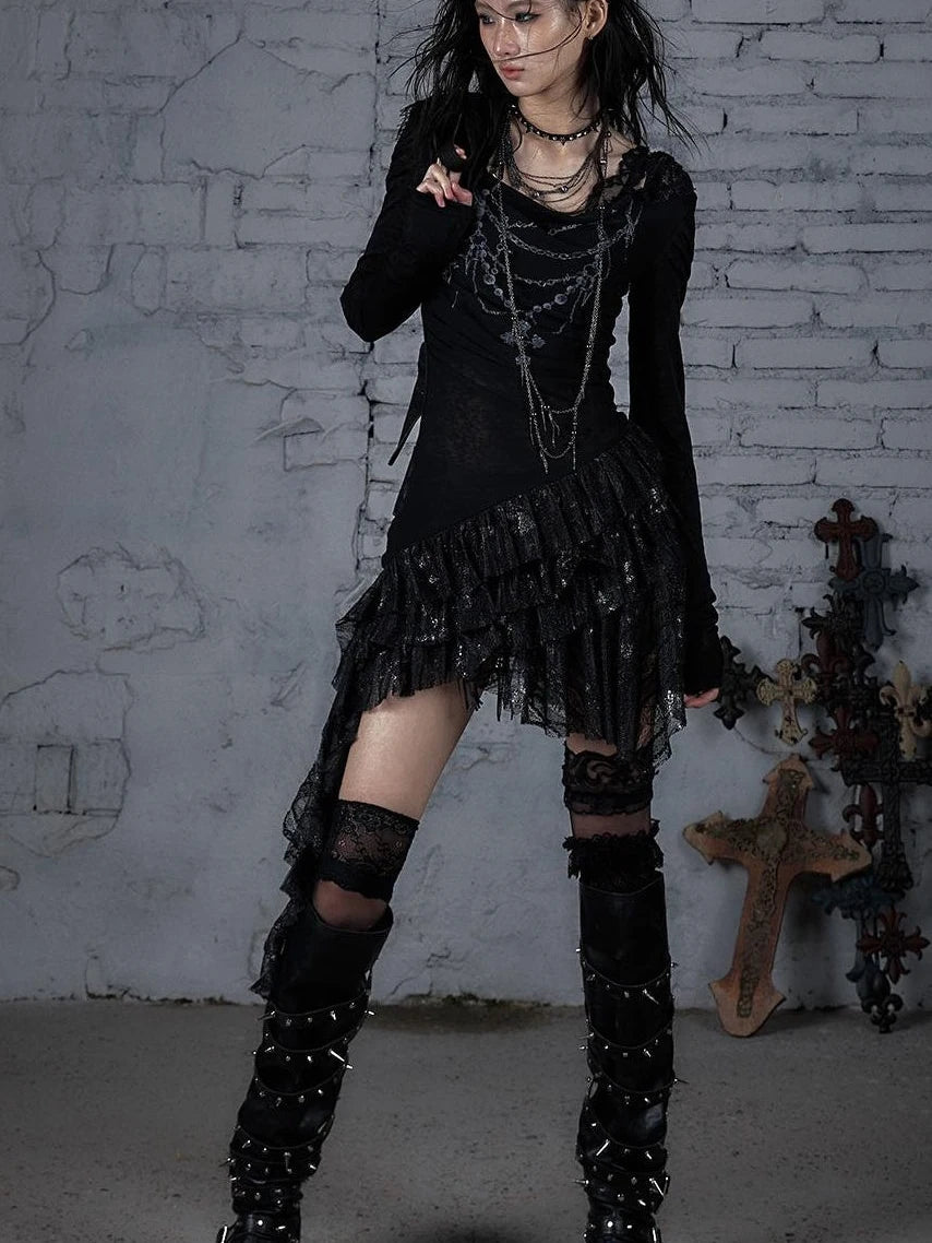 Sheer Lace Punk Print Hooded Knit Dress