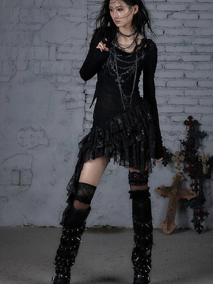 Sheer Lace Punk Print Hooded Knit Dress