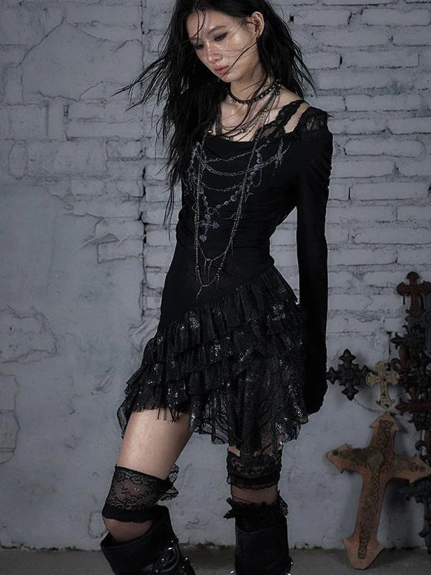 Sheer Lace Punk Print Hooded Knit Dress