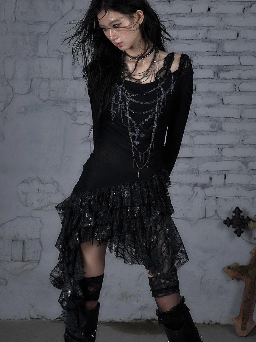 Sheer Lace Punk Print Hooded Knit Dress