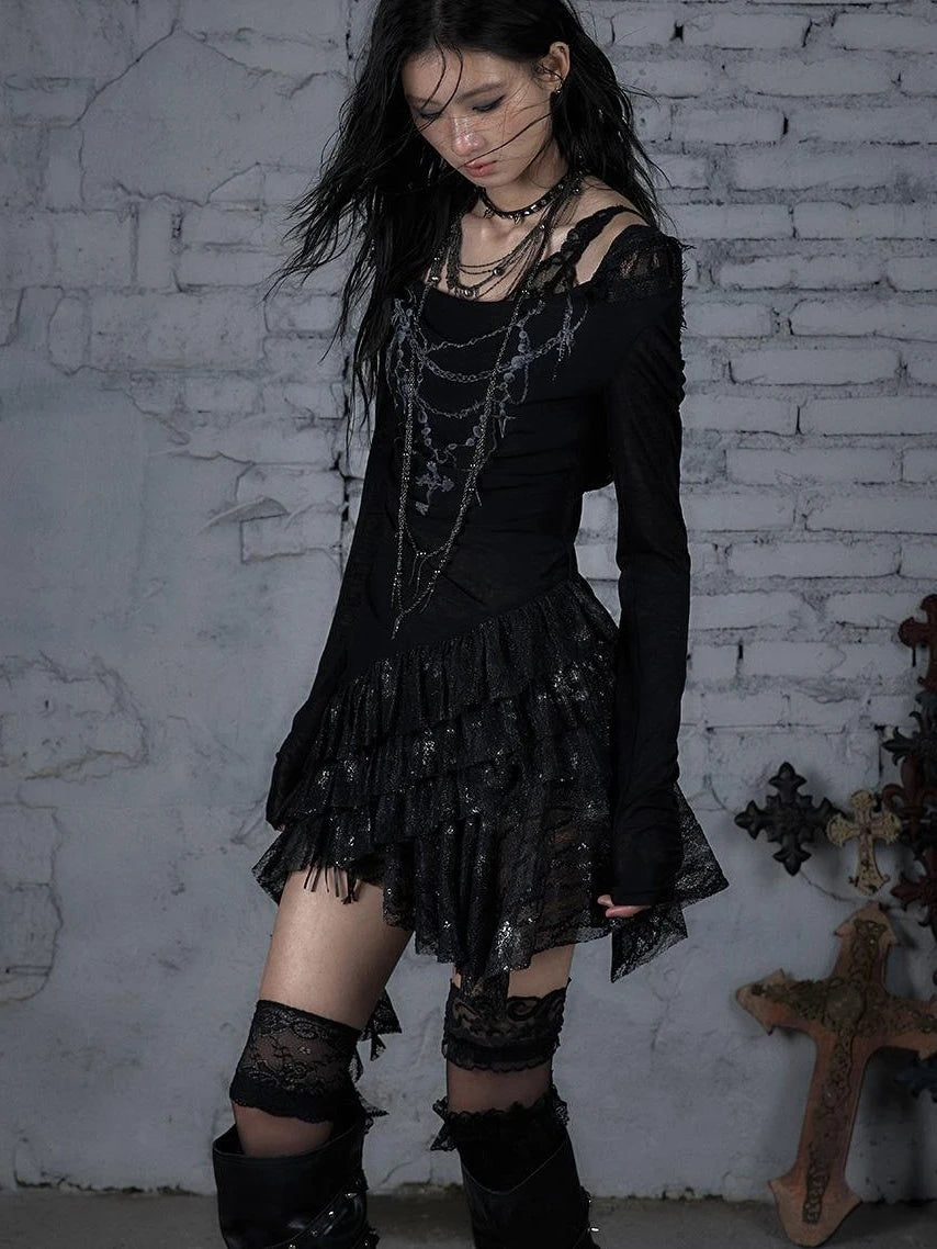 Sheer Lace Punk Print Hooded Knit Dress