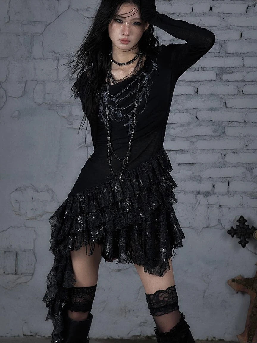 Sheer Lace Punk Print Hooded Knit Dress