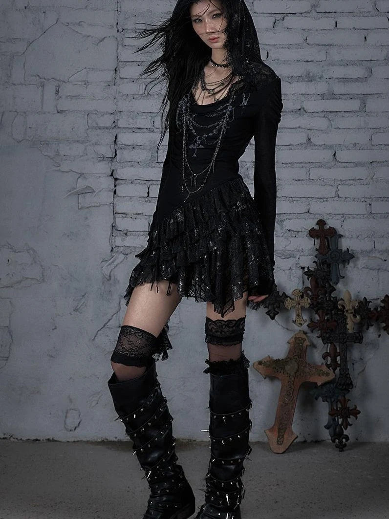 Sheer Lace Punk Print Hooded Knit Dress