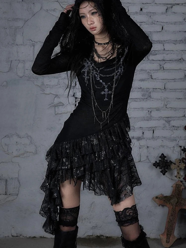 Sheer Lace Punk Print Hooded Knit Dress