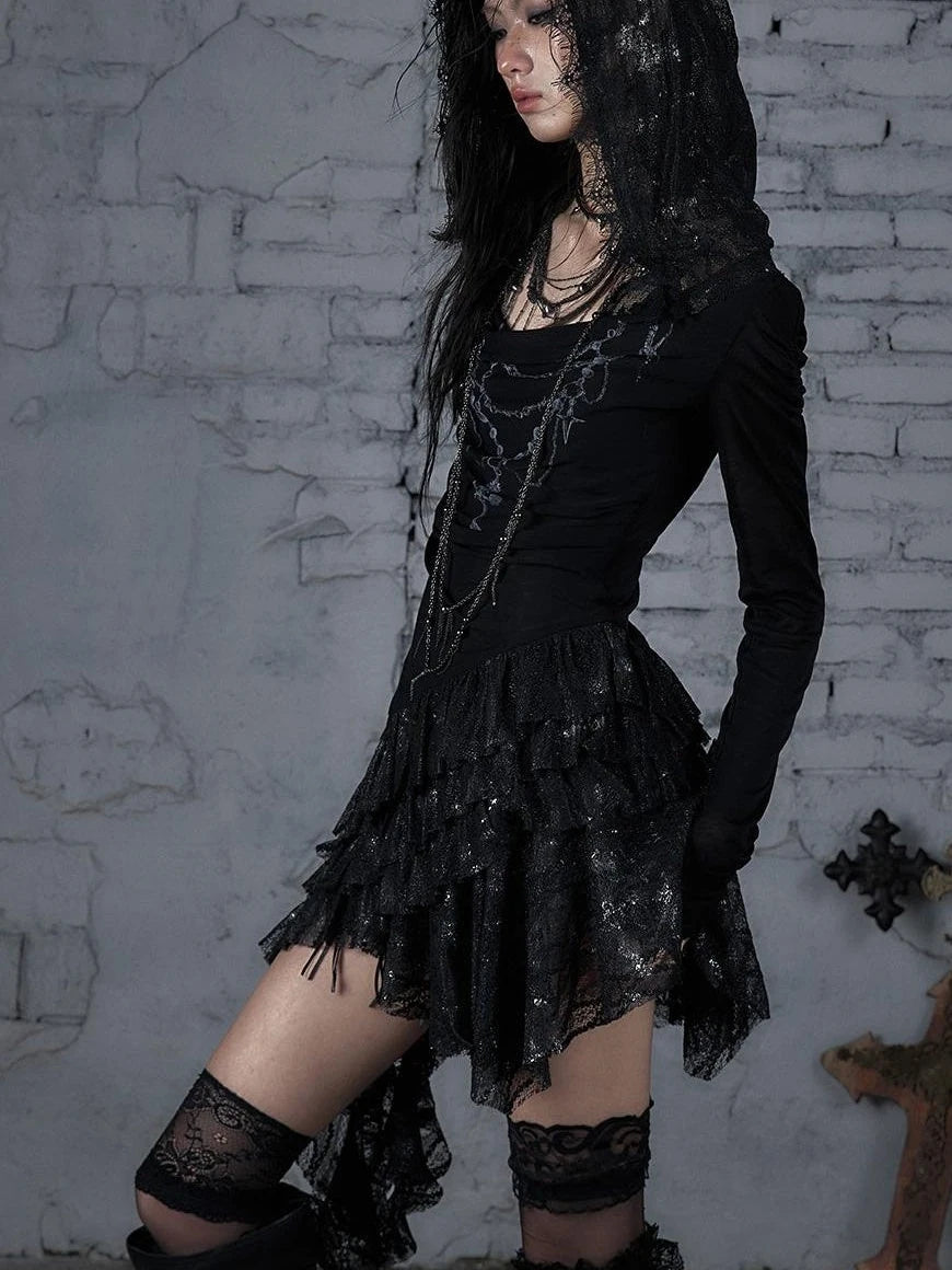 Sheer Lace Punk Print Hooded Knit Dress