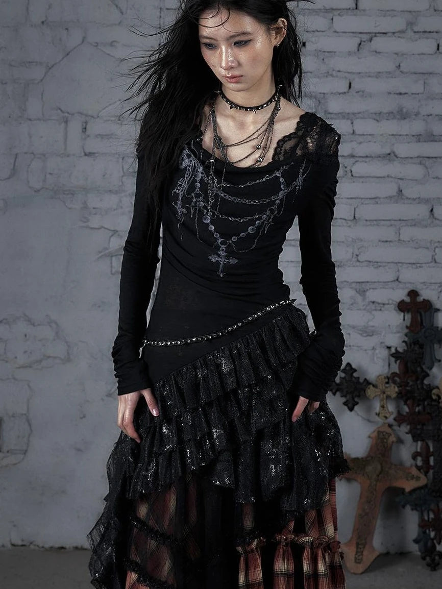 Sheer Lace Punk Print Hooded Knit Dress