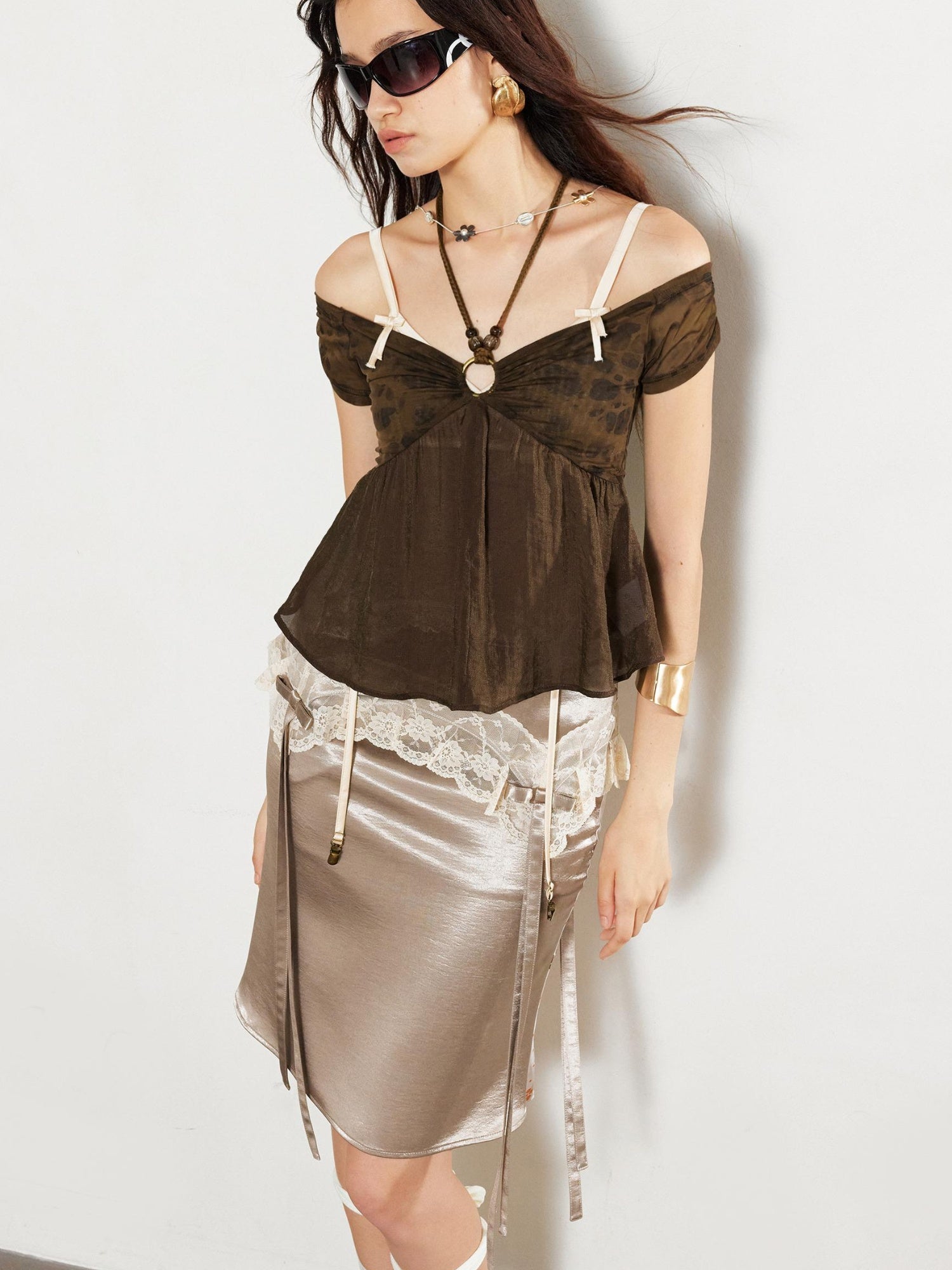 2th Desire Sheer Leopard Print Off-Shoulder Beaded Crop Top