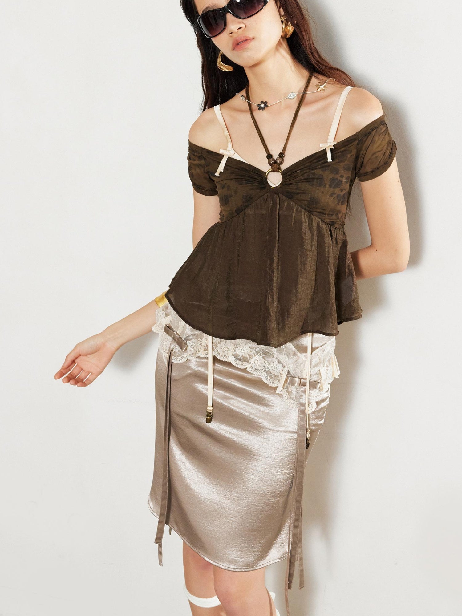 2th Desire Sheer Leopard Print Off-Shoulder Beaded Crop Top