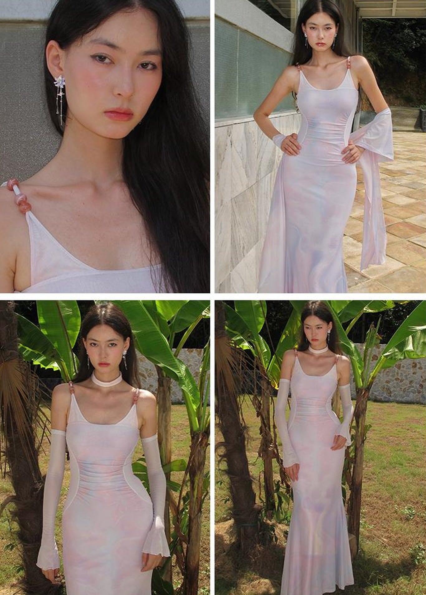 OfAkiva Sheer Mesh Ruffled Mermaid Maxi Dress With Print