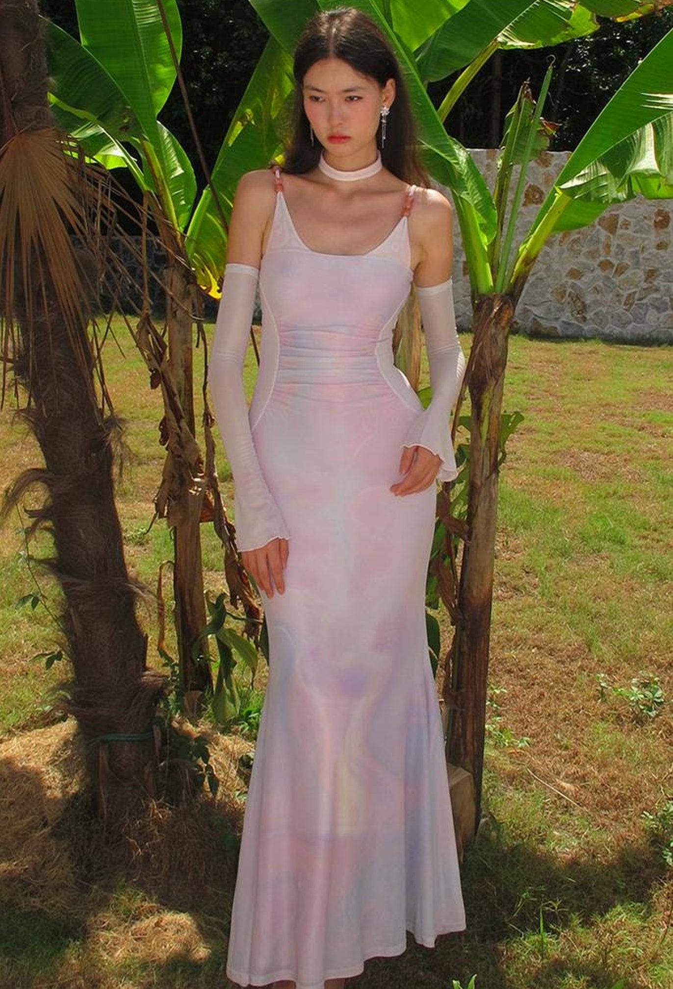 OfAkiva Sheer Mesh Ruffled Mermaid Maxi Dress With Print