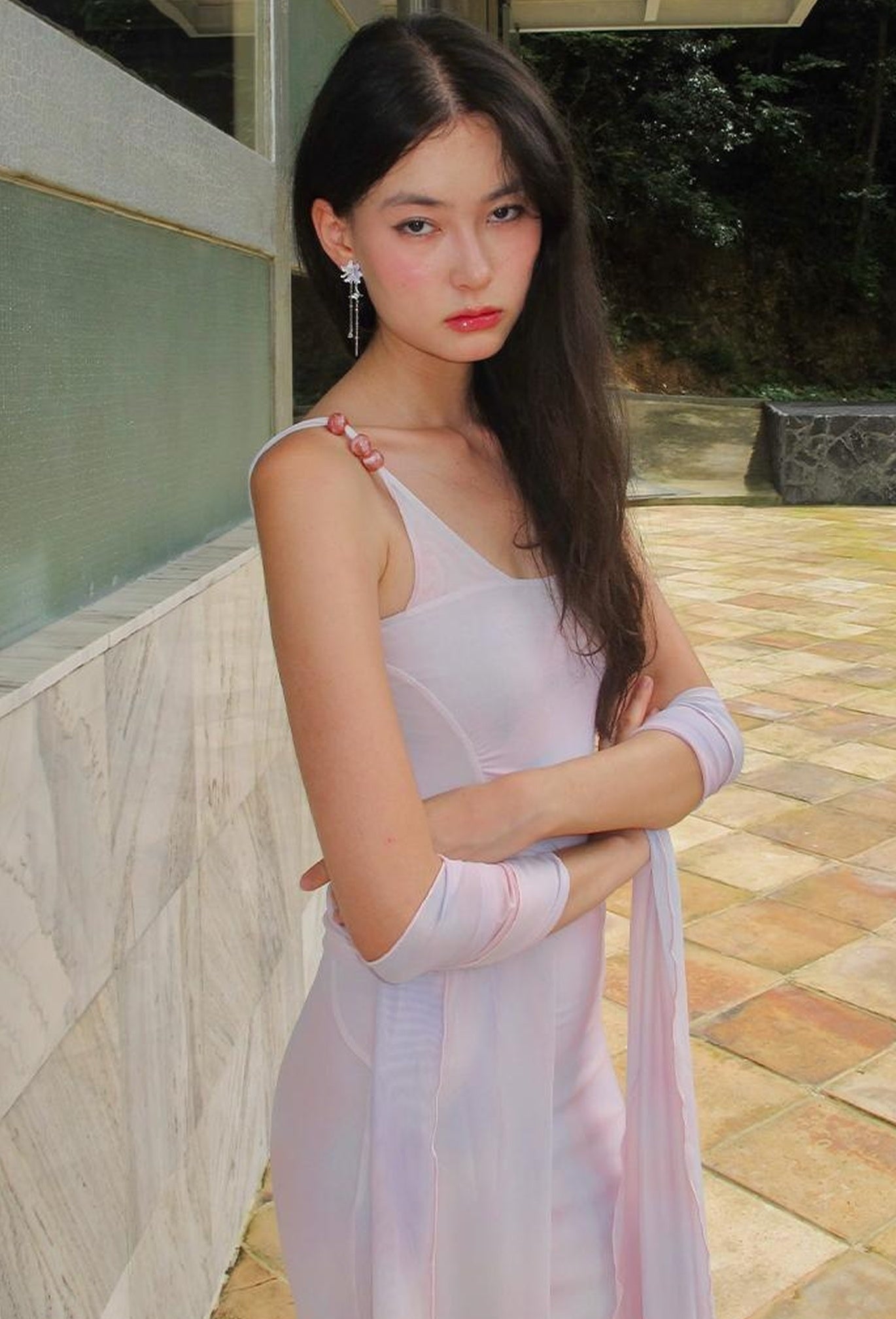 OfAkiva Sheer Mesh Ruffled Mermaid Maxi Dress With Print