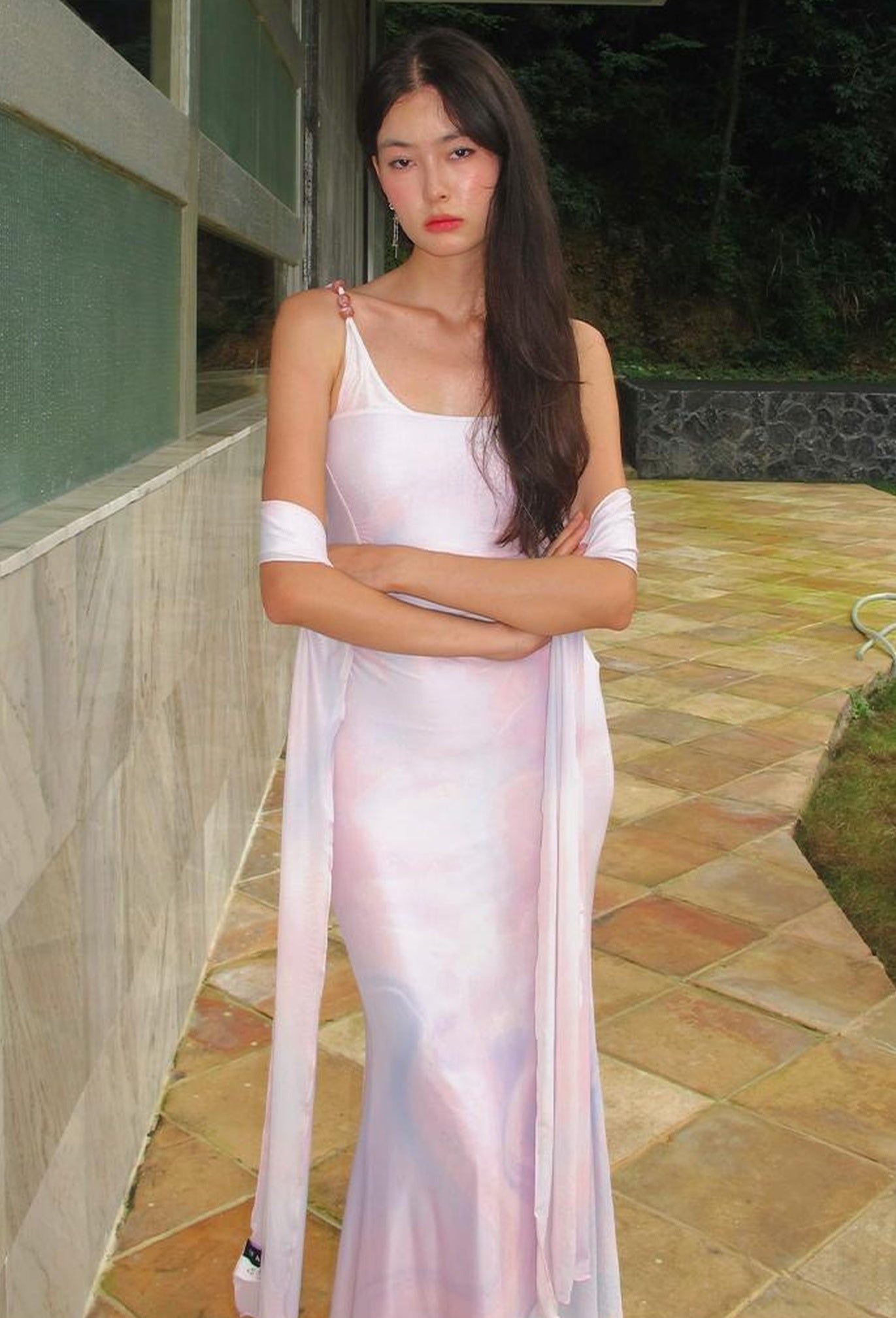 OfAkiva Sheer Mesh Ruffled Mermaid Maxi Dress With Print