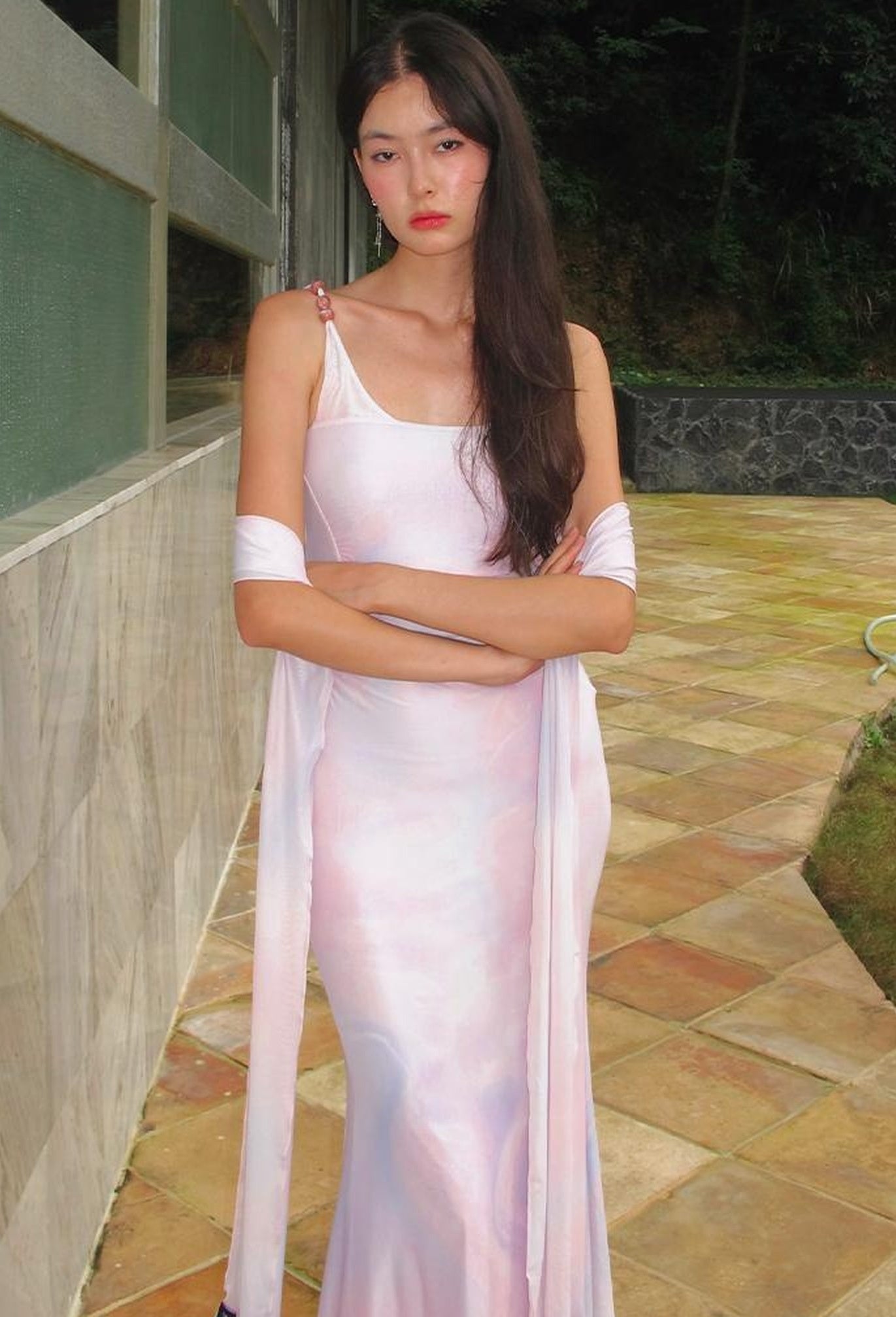 OfAkiva Sheer Mesh Ruffled Mermaid Maxi Dress With Print