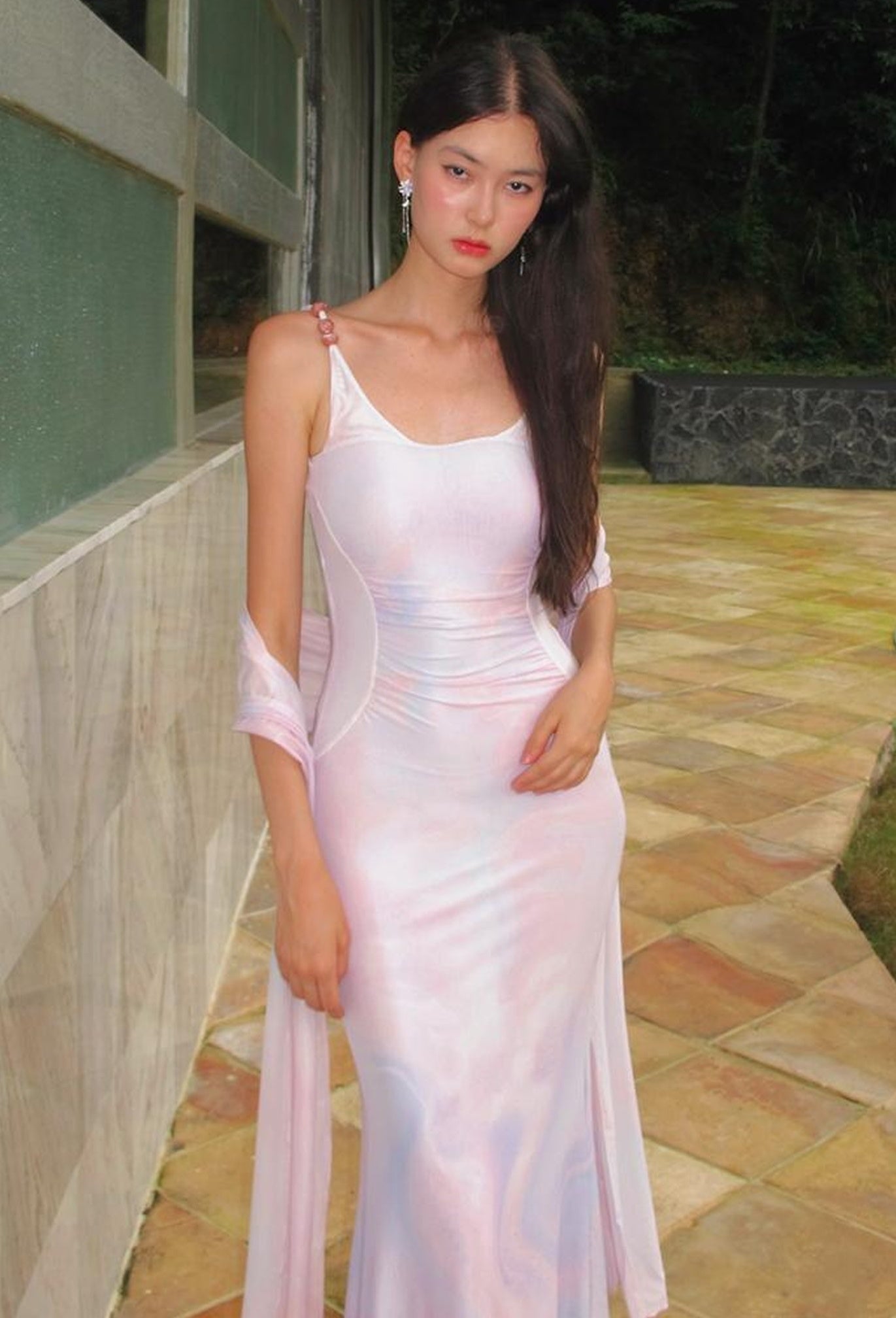 OfAkiva Sheer Mesh Ruffled Mermaid Maxi Dress With Print