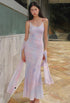OfAkiva Sheer Mesh Ruffled Mermaid Maxi Dress With Print