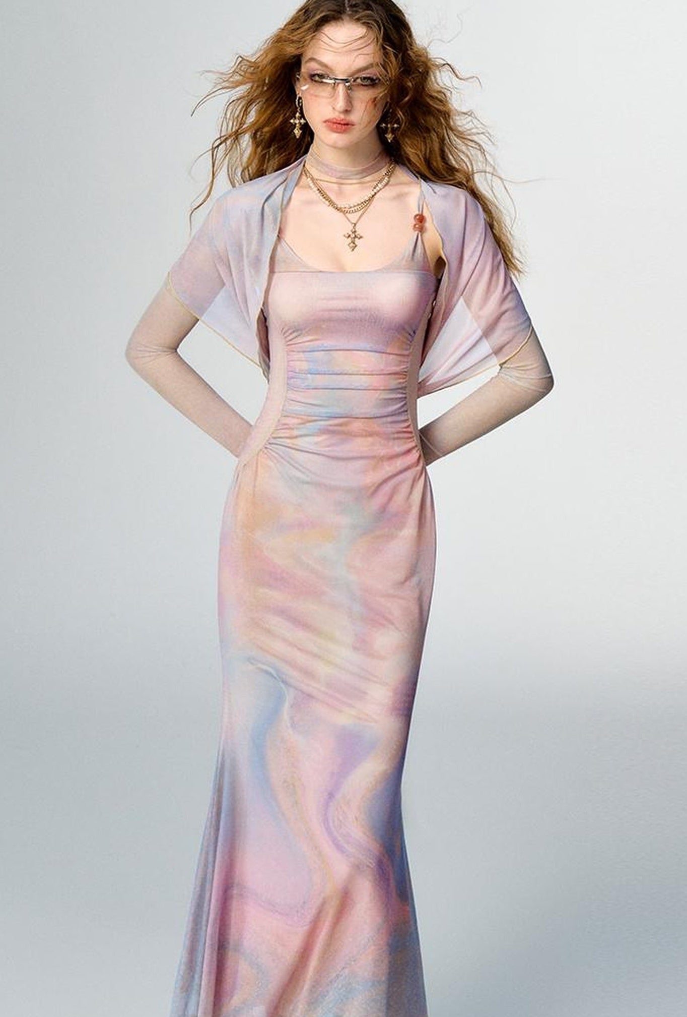 OfAkiva Sheer Mesh Ruffled Mermaid Maxi Dress With Print