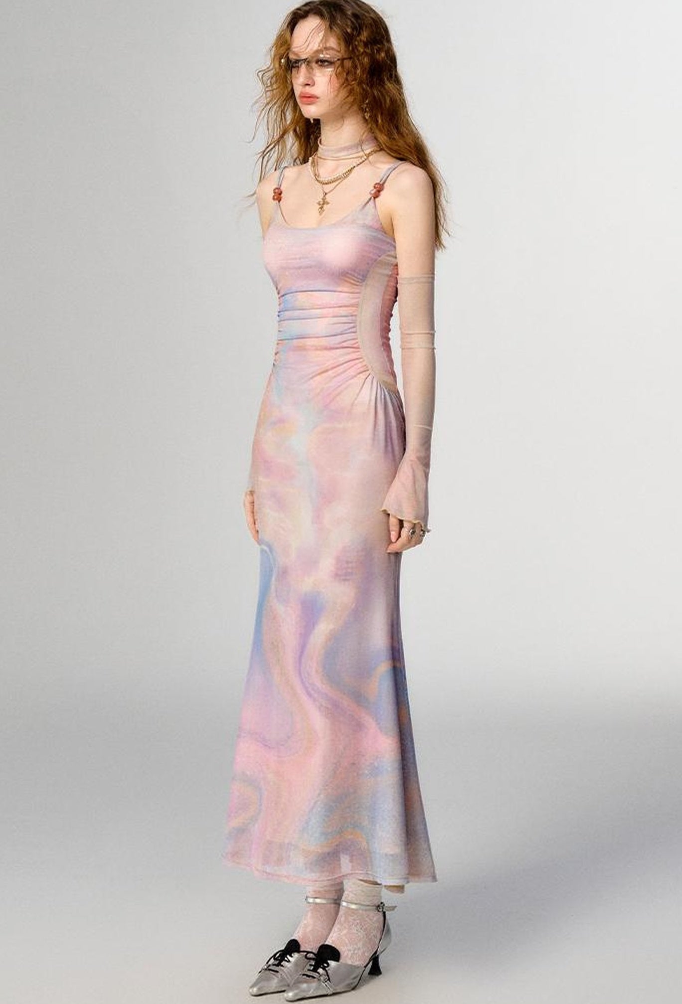 OfAkiva Sheer Mesh Ruffled Mermaid Maxi Dress With Print