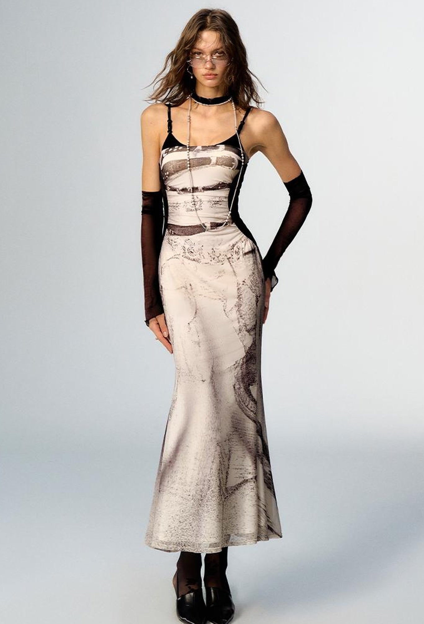 OfAkiva Sheer Mesh Ruffled Mermaid Maxi Dress With Print