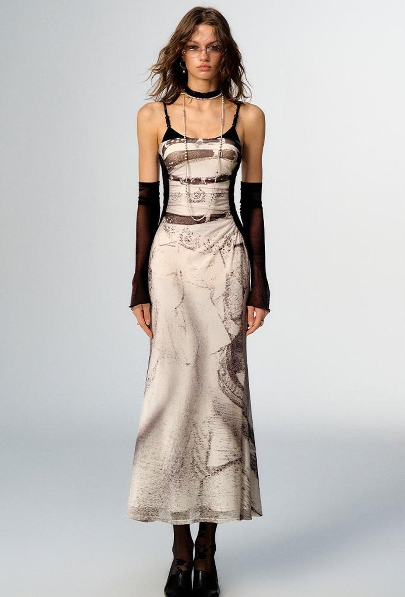 OfAkiva Sheer Mesh Ruffled Mermaid Maxi Dress With Print