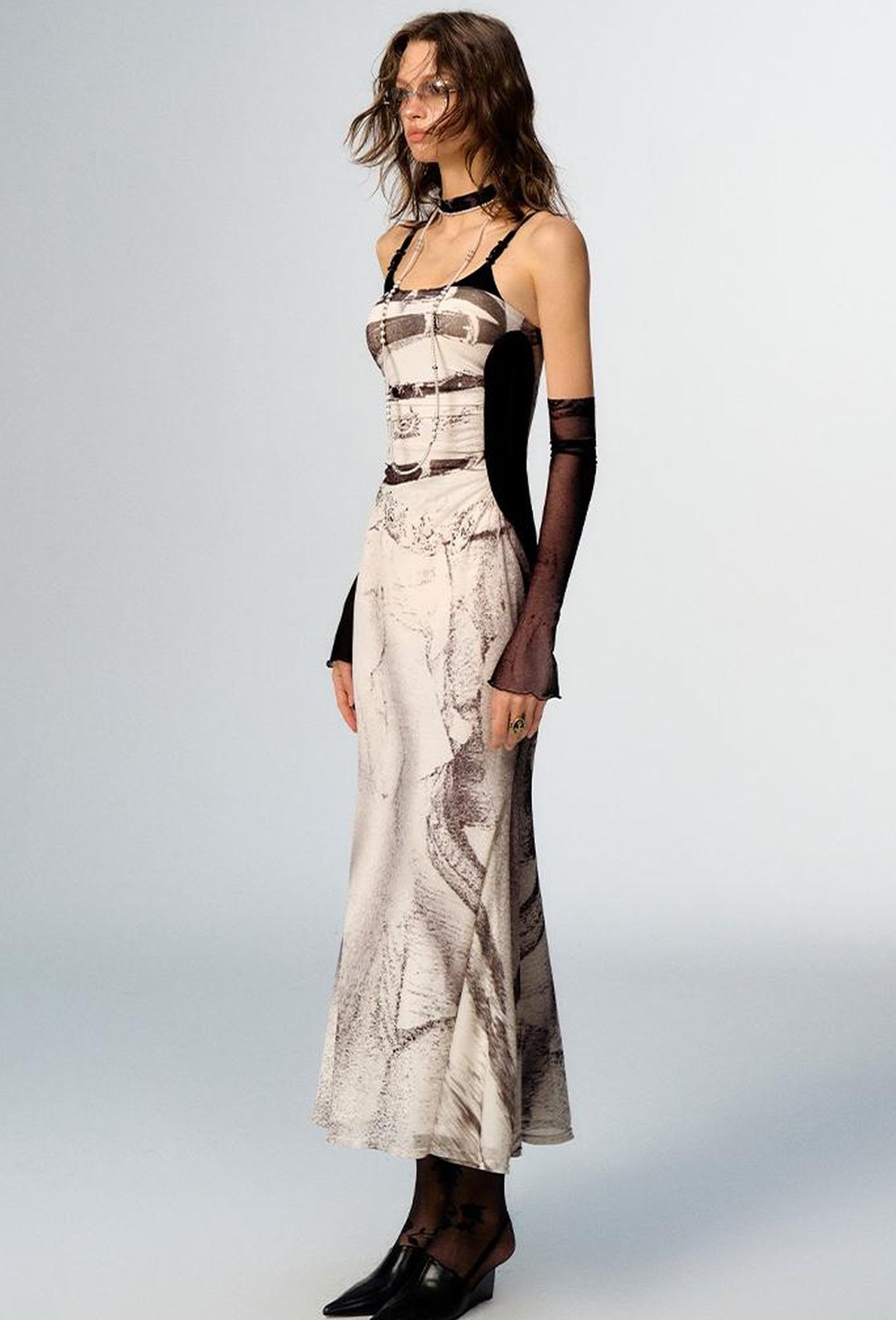 OfAkiva Sheer Mesh Ruffled Mermaid Maxi Dress With Print