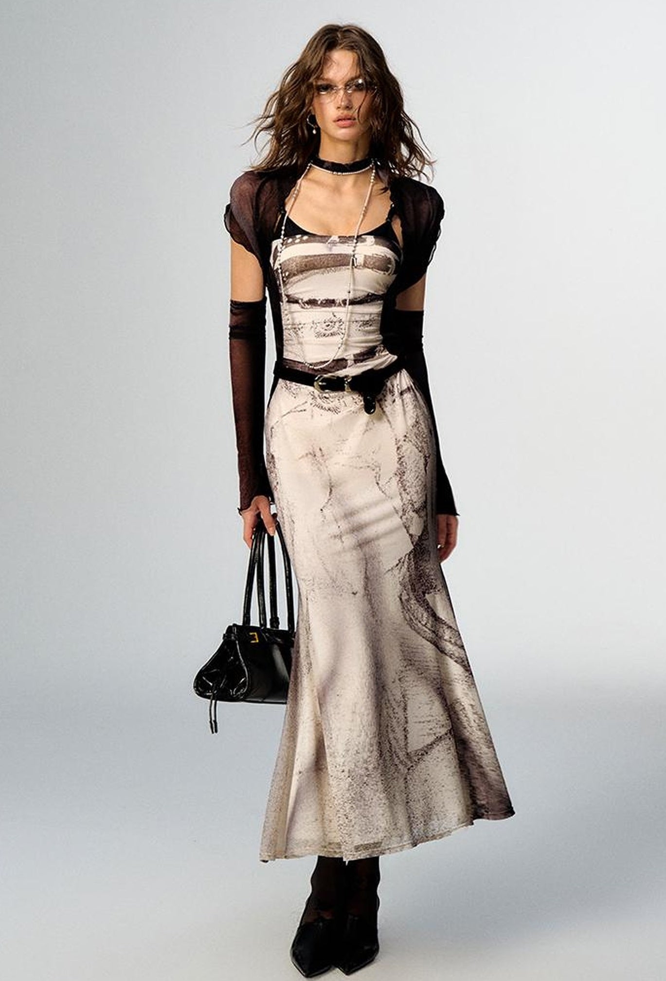 OfAkiva Sheer Mesh Ruffled Mermaid Maxi Dress With Print