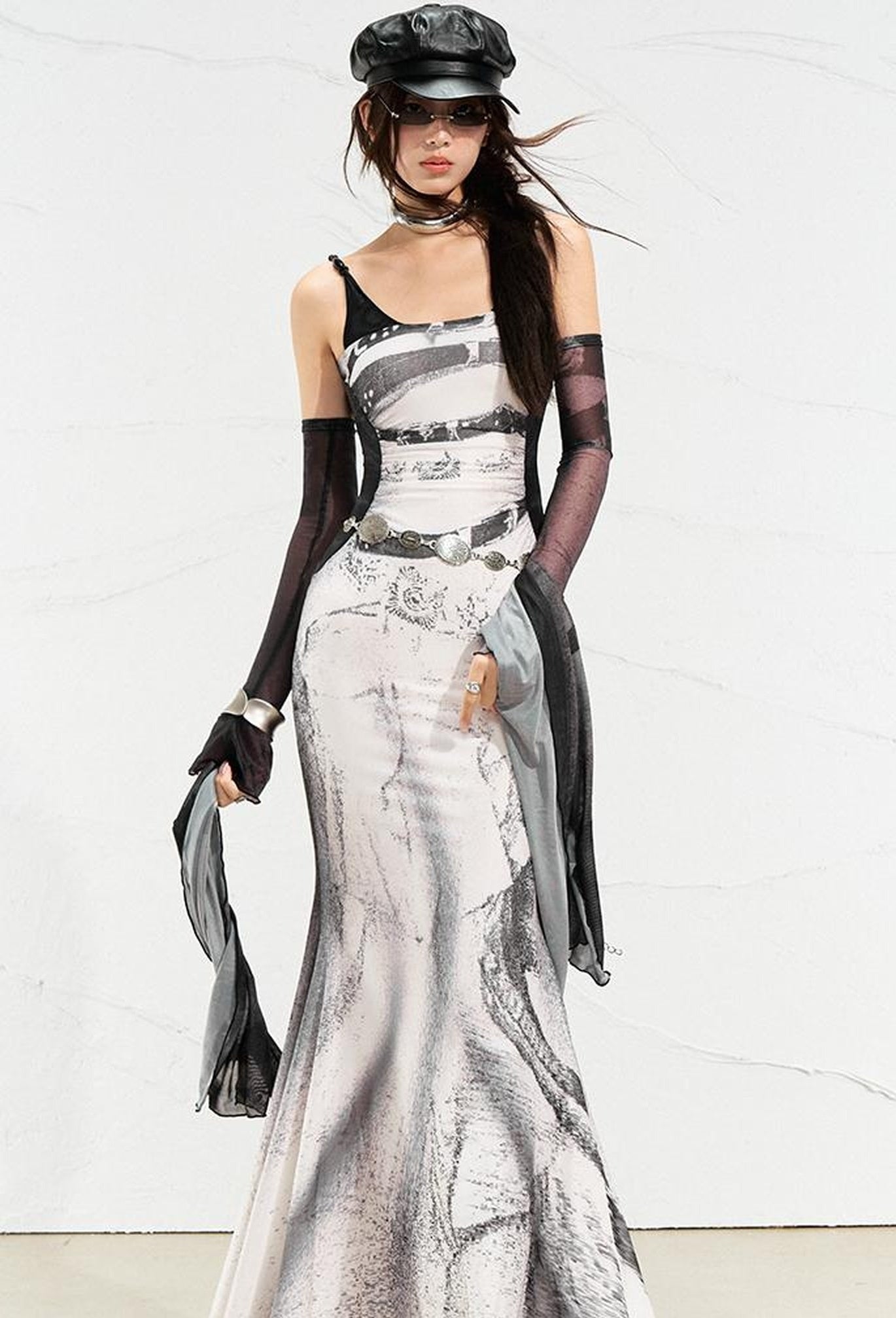 OfAkiva Sheer Mesh Ruffled Mermaid Maxi Dress With Print
