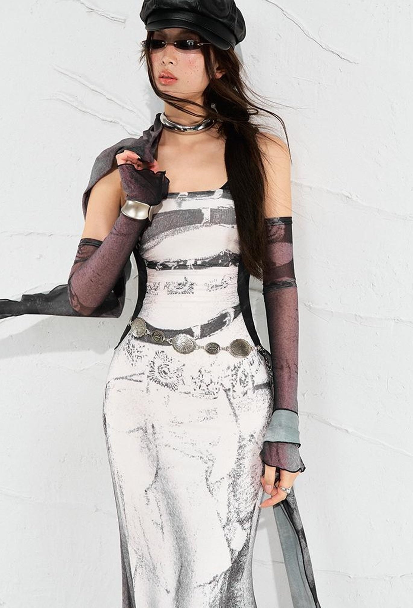 OfAkiva Sheer Mesh Ruffled Mermaid Maxi Dress With Print