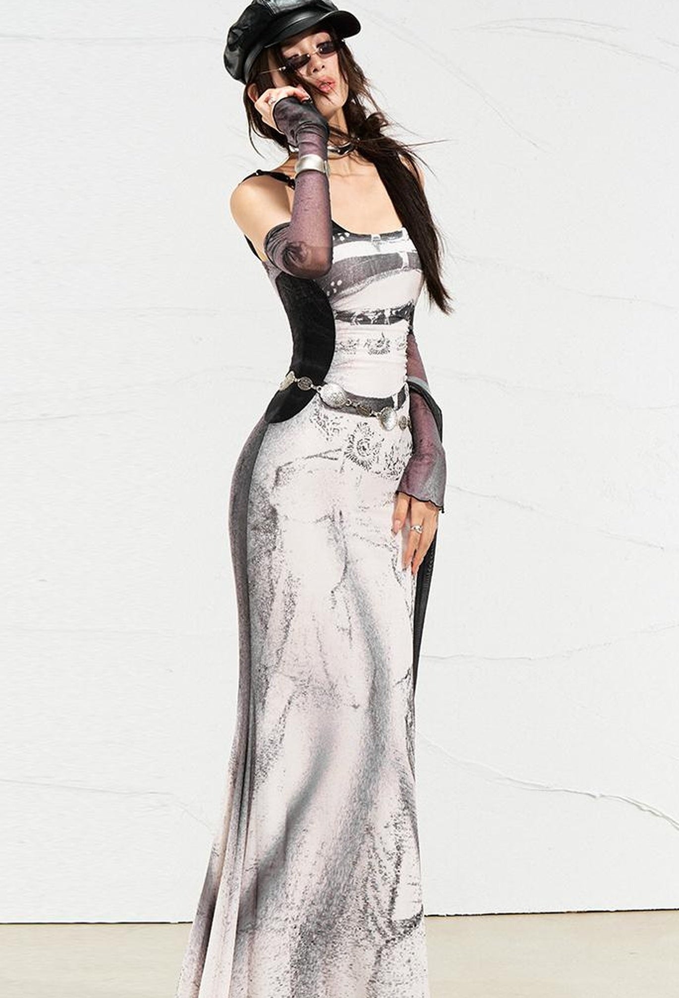 OfAkiva Sheer Mesh Ruffled Mermaid Maxi Dress With Print