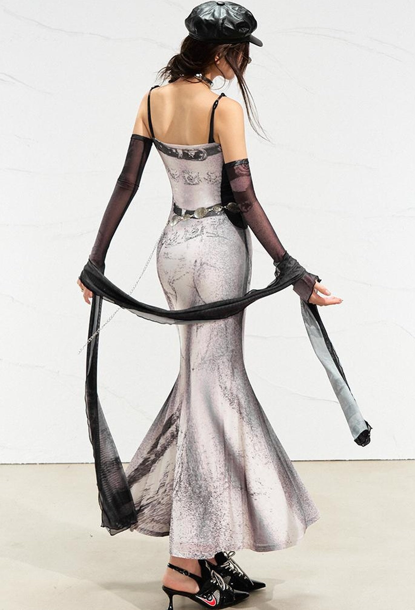 OfAkiva Sheer Mesh Ruffled Mermaid Maxi Dress With Print