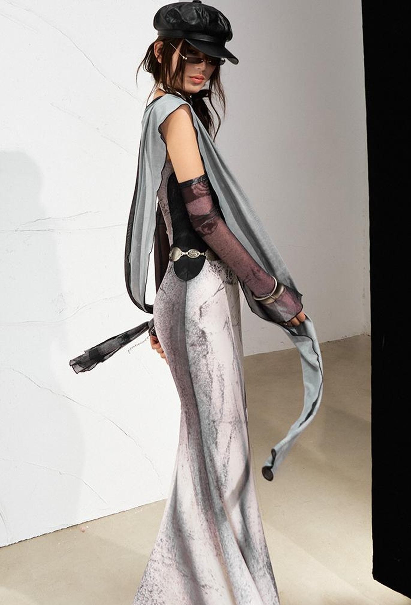 OfAkiva Sheer Mesh Ruffled Mermaid Maxi Dress With Print