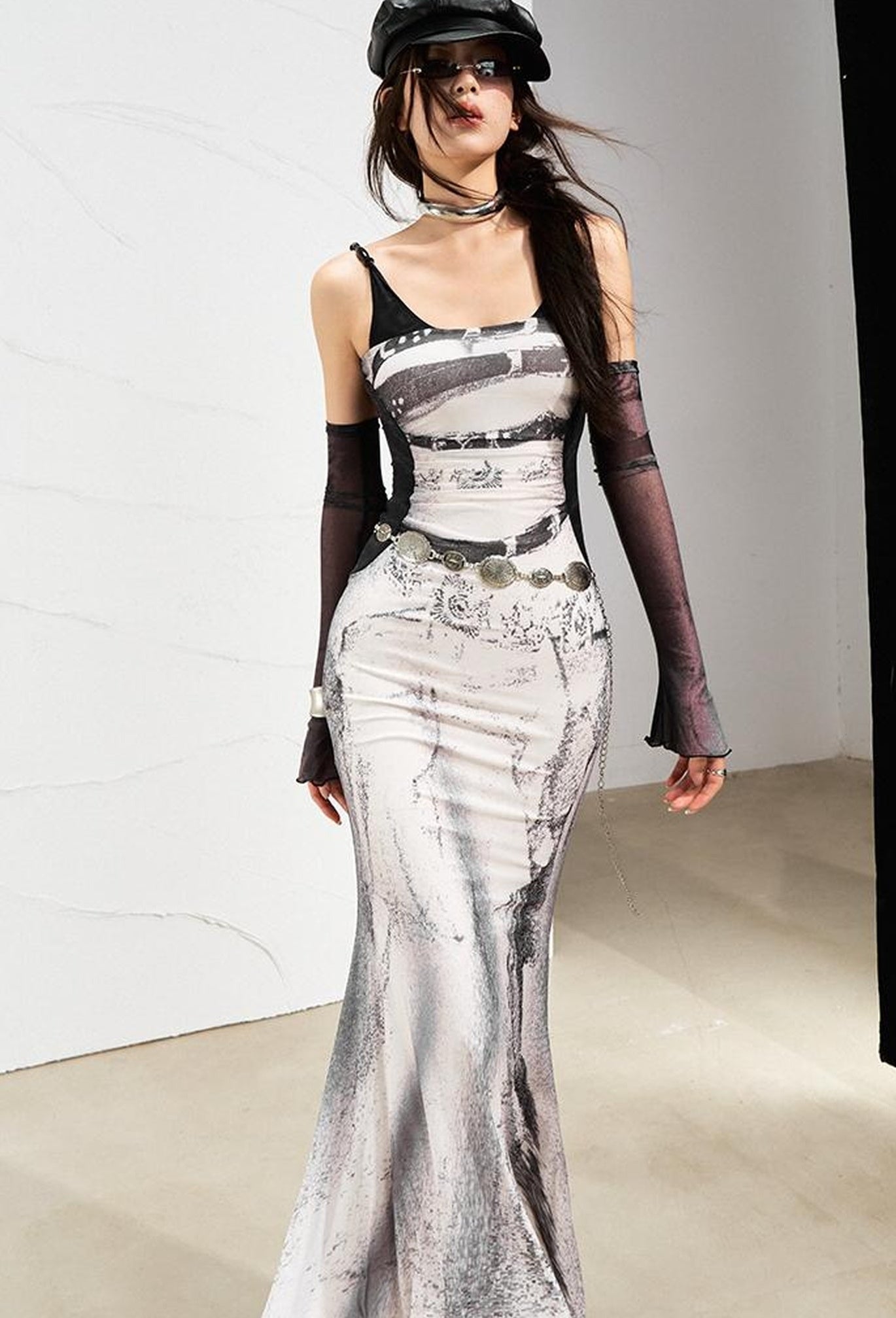 OfAkiva Sheer Mesh Ruffled Mermaid Maxi Dress With Print