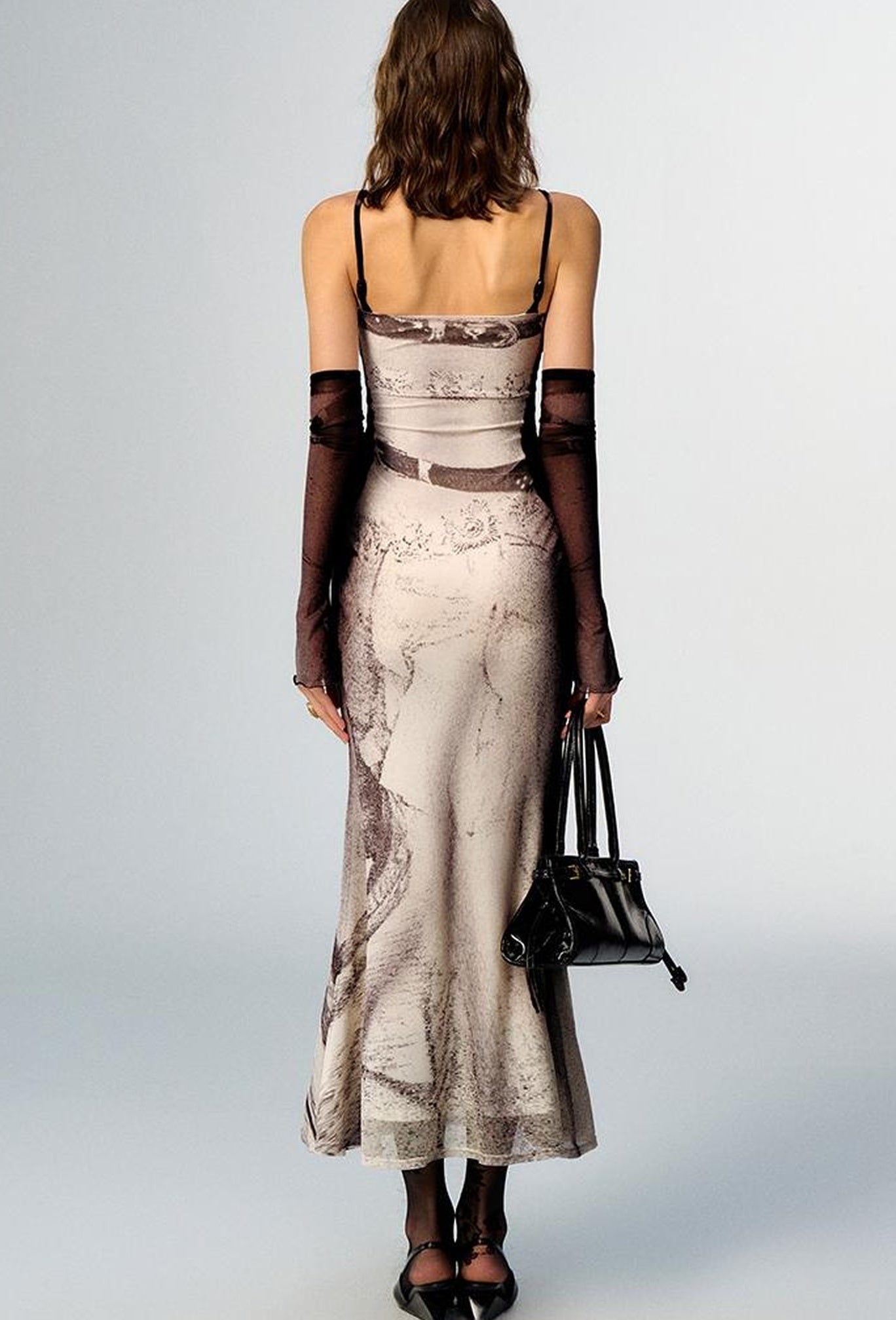 OfAkiva Sheer Mesh Ruffled Mermaid Maxi Dress With Print