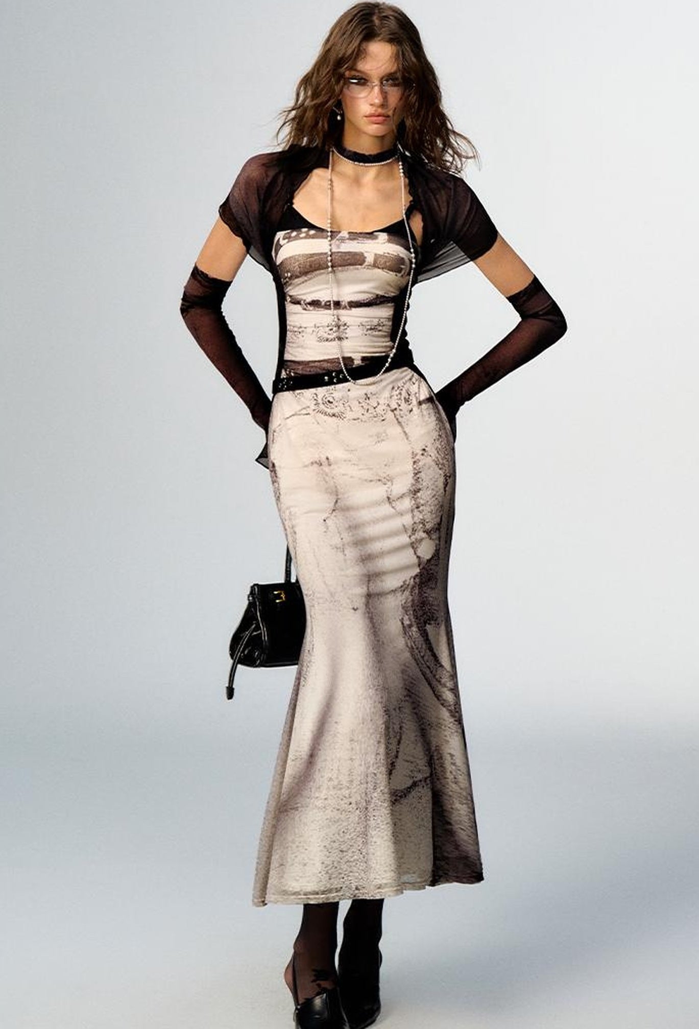 OfAkiva Sheer Mesh Ruffled Mermaid Maxi Dress With Print