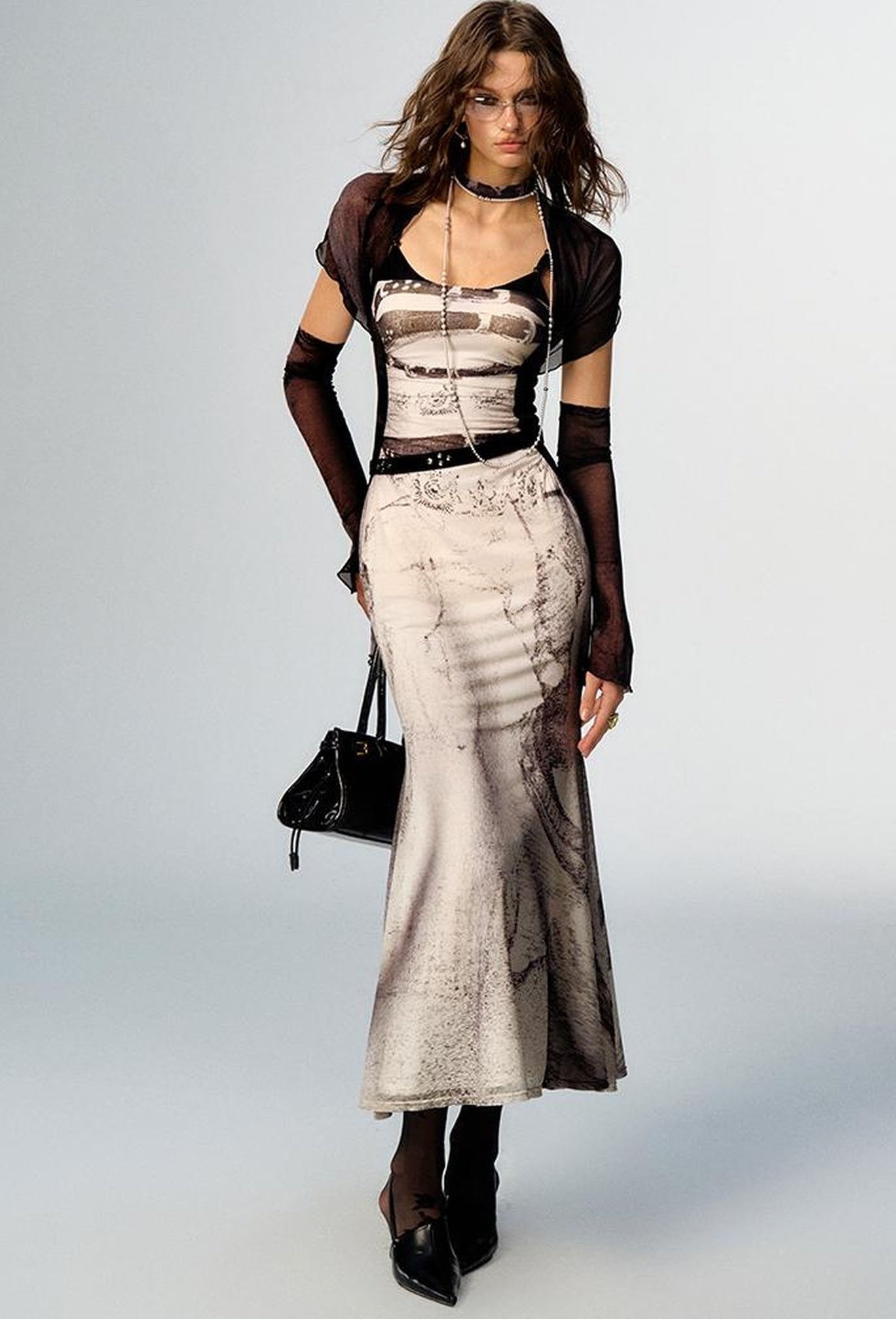 OfAkiva Sheer Mesh Ruffled Mermaid Maxi Dress With Print