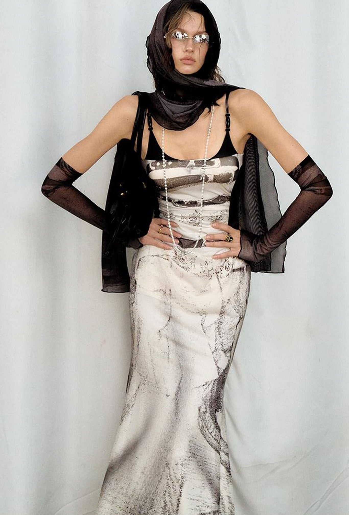 OfAkiva Sheer Mesh Ruffled Mermaid Maxi Dress With Print