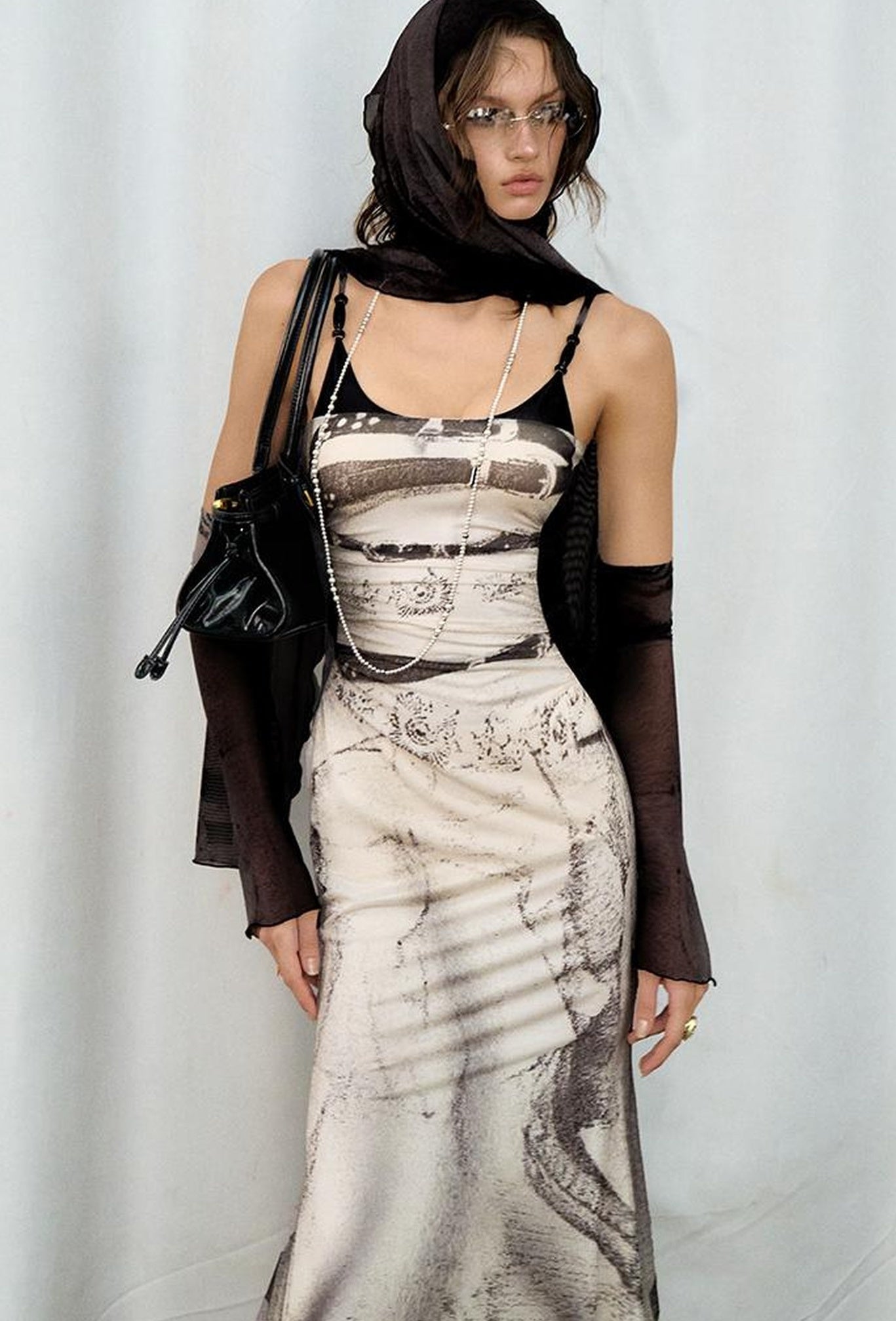 OfAkiva Sheer Mesh Ruffled Mermaid Maxi Dress With Print