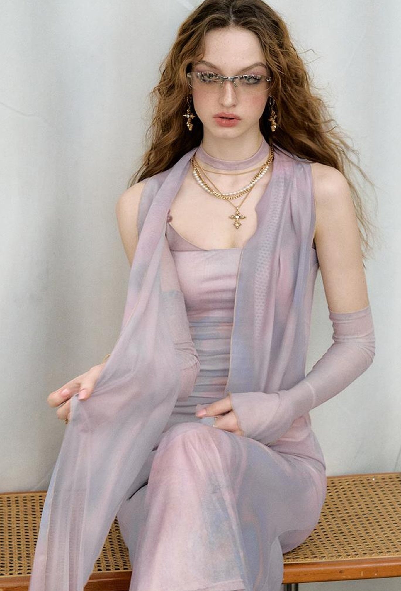 OfAkiva Sheer Mesh Ruffled Mermaid Maxi Dress With Print